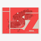Poster of Ibiza composed with letters from its abbreviation or its airport IATA code printed on red and an off-white background