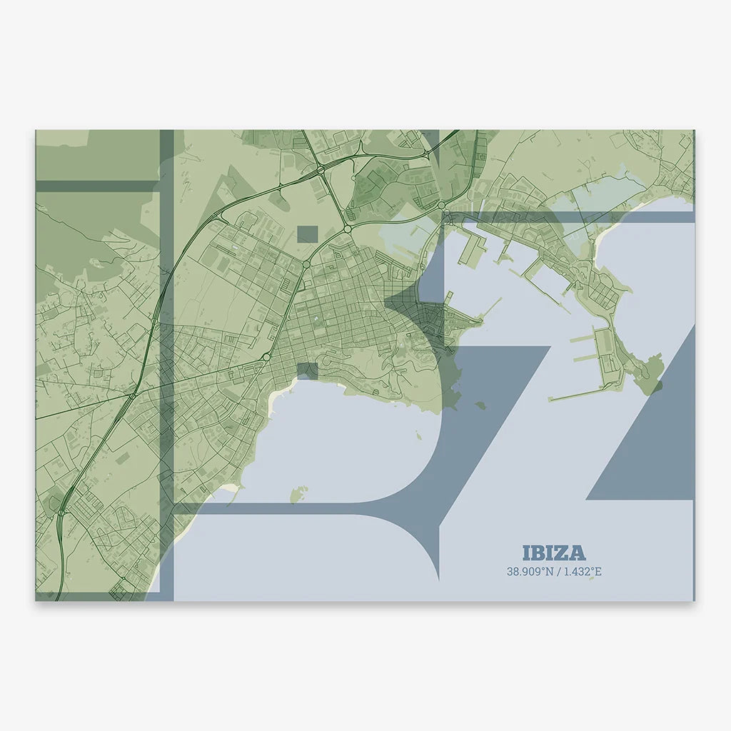 Poster of Ibiza composed with letters from its abbreviation or its airport IATA code printed on two green tones