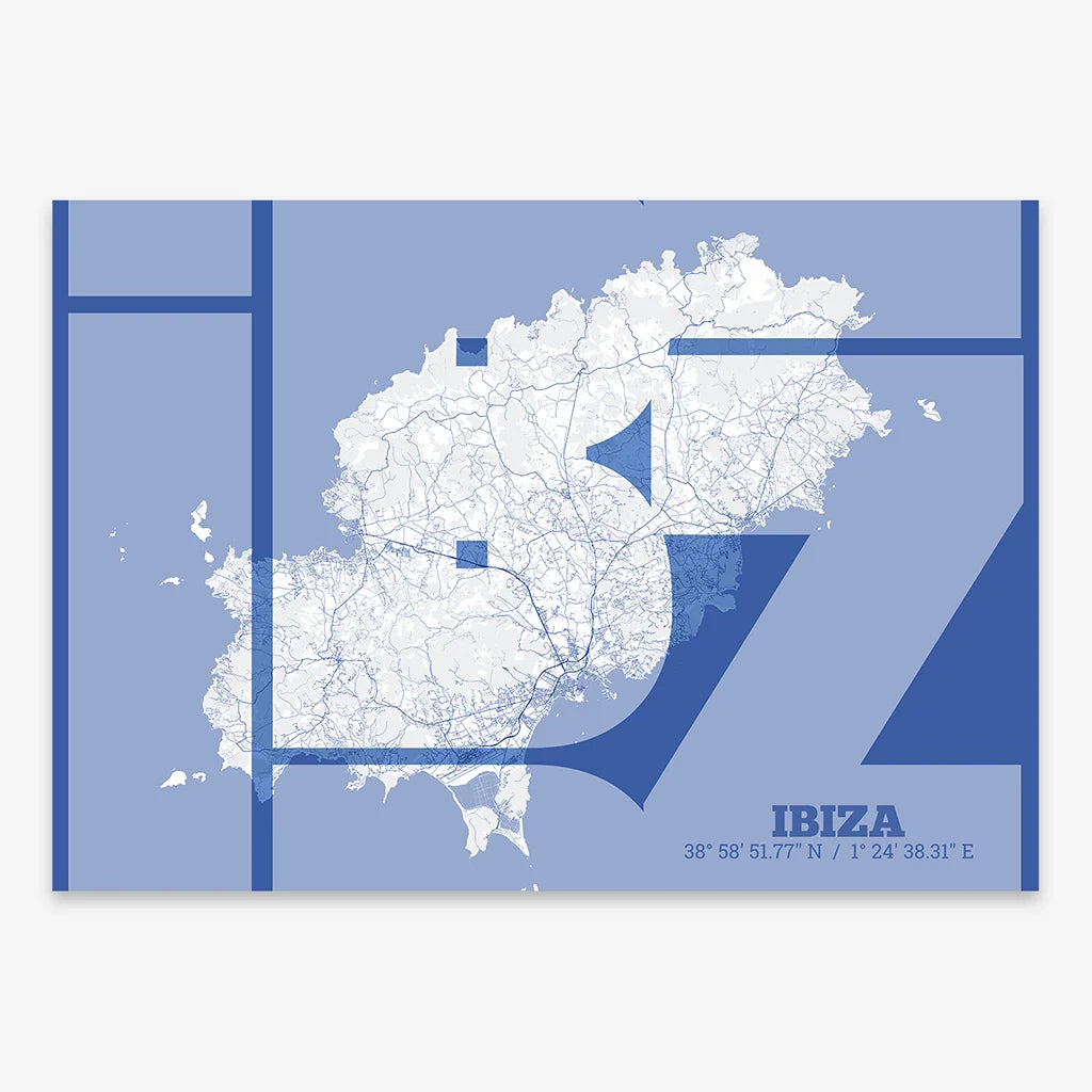 Poster of Ibiza composed with letters from its abbreviation or its airport IATA code printed on navy blue and white