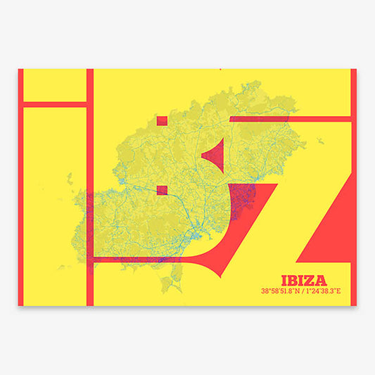 Poster of Ibiza composed with letters from its abbreviation or its airport IATA code printed on yellow and fuchsia