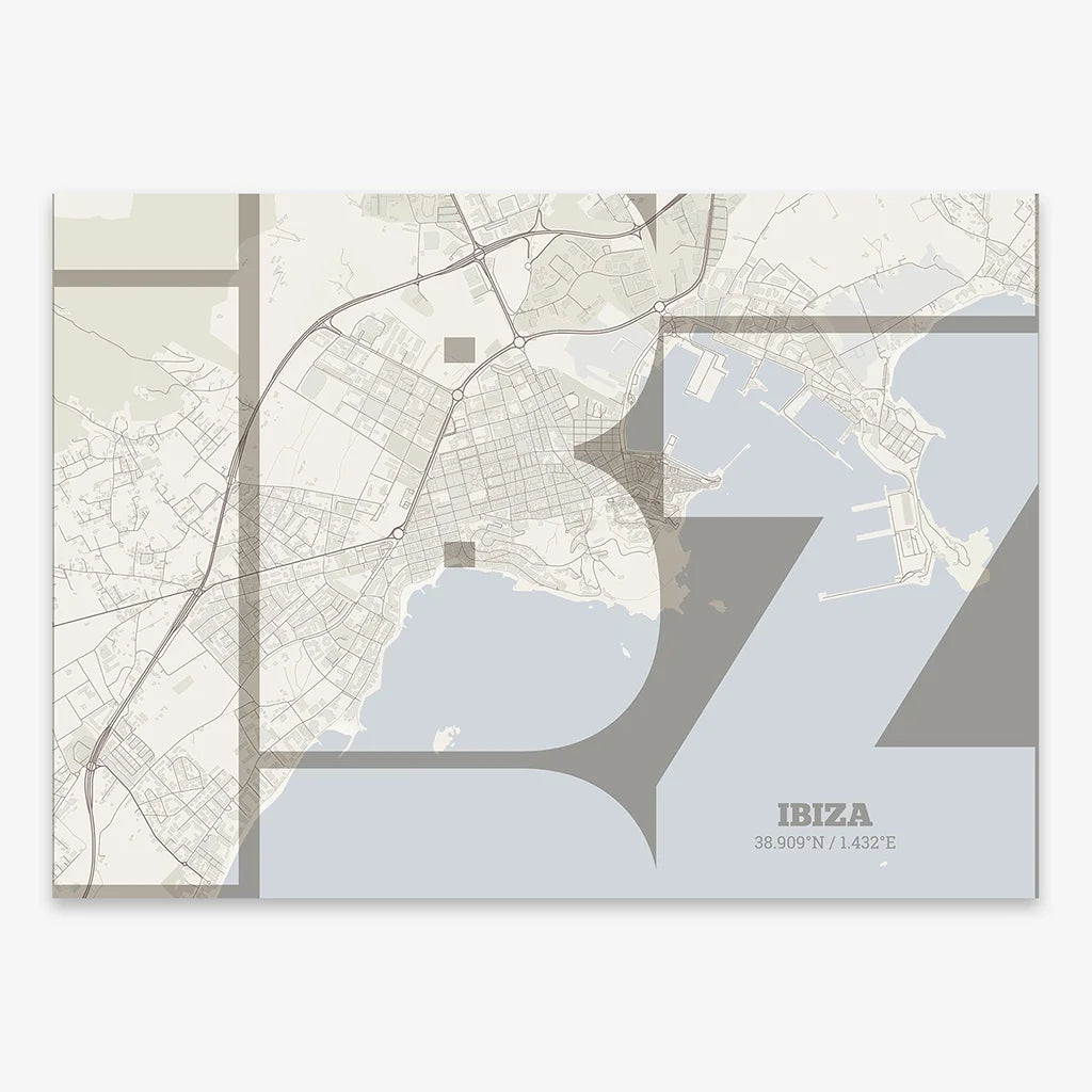 Poster of Ibiza composed with letters from its abbreviation or its airport IATA code printed on light brown and an off-white background