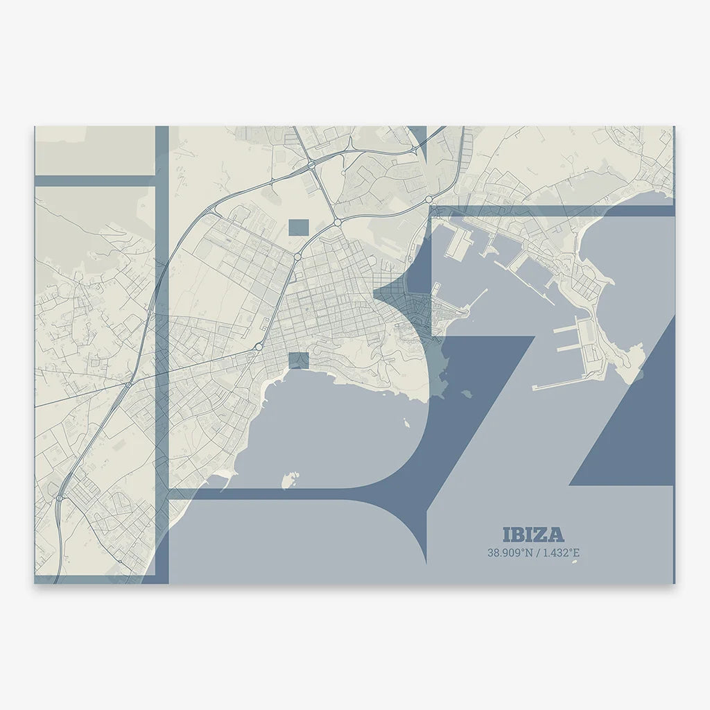 Poster of Ibiza composed with letters from its abbreviation or its airport IATA code printed on bluish gray and an off-white background