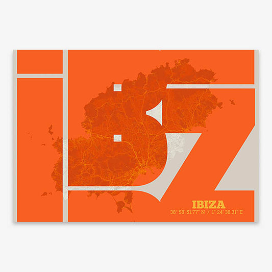 Poster of Ibiza composed with letters from its abbreviation or its airport IATA code printed on orange and an off-white background