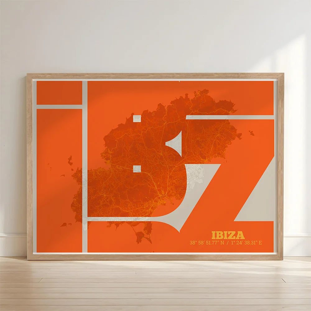 Póster artístico de Ibiza con tipografía geométrica - Decoración personalizada