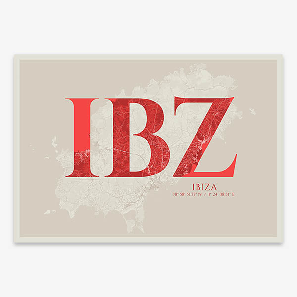 Decorative map of Ibiza composed with letters in serif font printed on red and an off-white background
