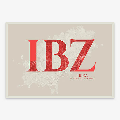 Decorative map of Ibiza composed with letters in serif font printed on red and an off-white background