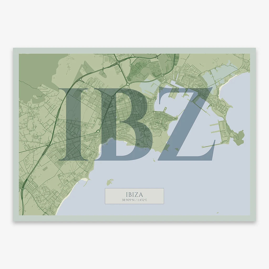 Decorative map of Ibiza composed with letters in serif font printed on two green tones