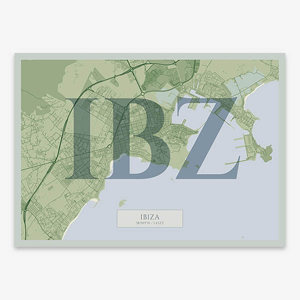 Decorative map of Ibiza composed with letters in serif font printed on two green tones