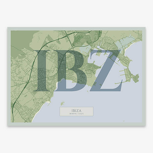 Decorative map of Ibiza composed with letters in serif font printed on two green tones