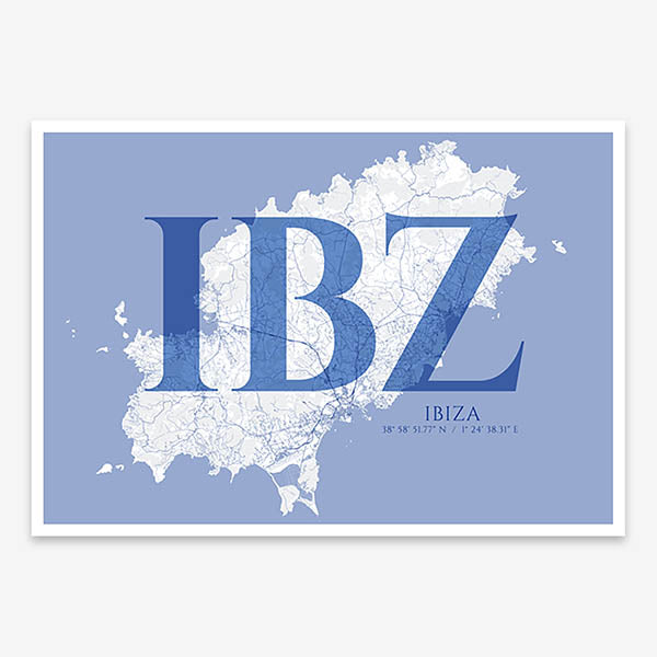 Decorative map of Ibiza composed with letters in serif font printed on navy blue and white