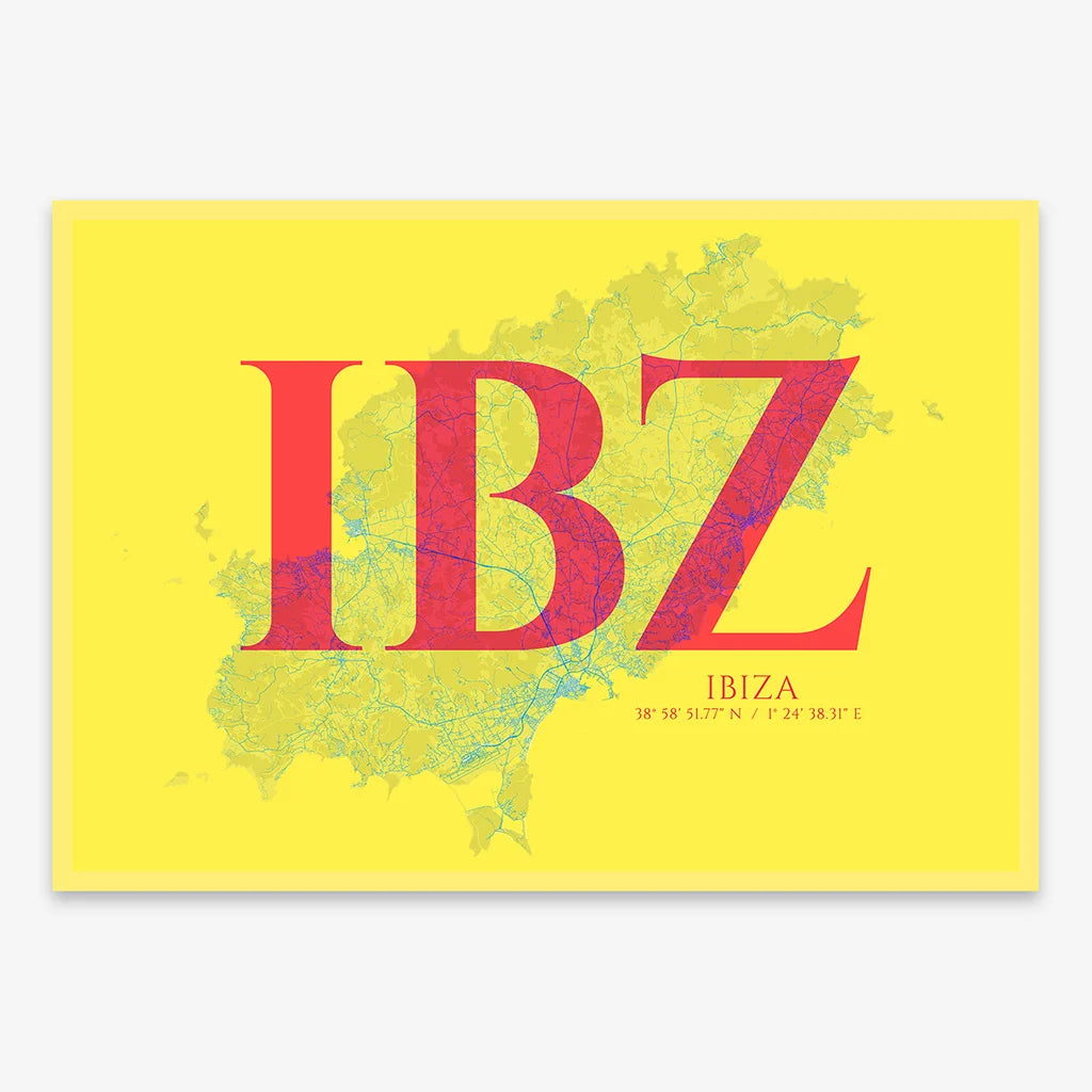 Decorative map of Ibiza composed with letters in serif font printed on yellow and fuchsia