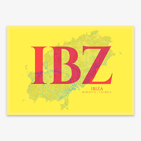 Decorative map of Ibiza composed with letters in serif font printed on yellow and fuchsia