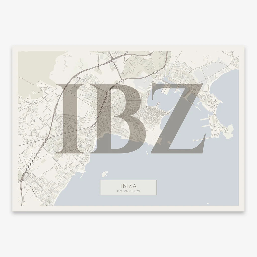 Decorative map of Ibiza composed with letters in serif font printed on light brown and an off-white background