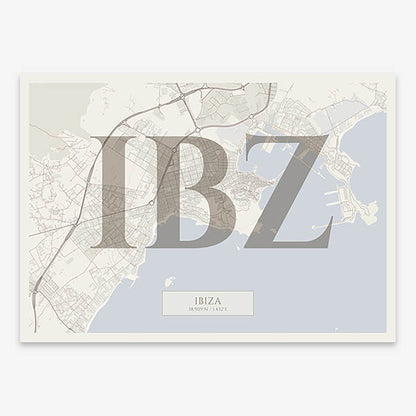 Decorative map of Ibiza composed with letters in serif font printed on light brown and an off-white background