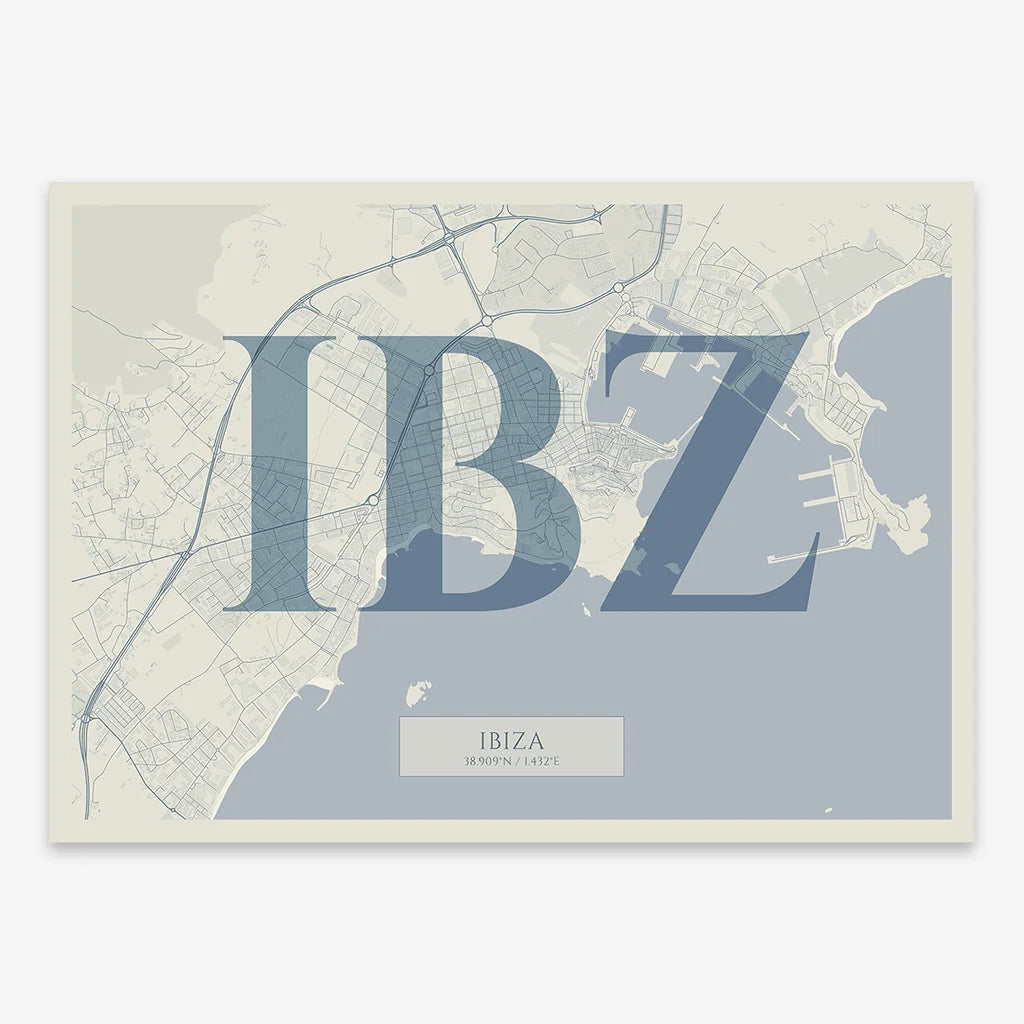Decorative map of Ibiza composed with letters in serif font printed on bluish gray and an off-white background