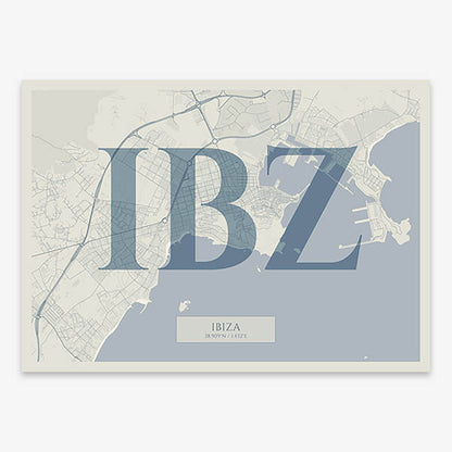 Decorative map of Ibiza composed with letters in serif font printed on bluish gray and an off-white background