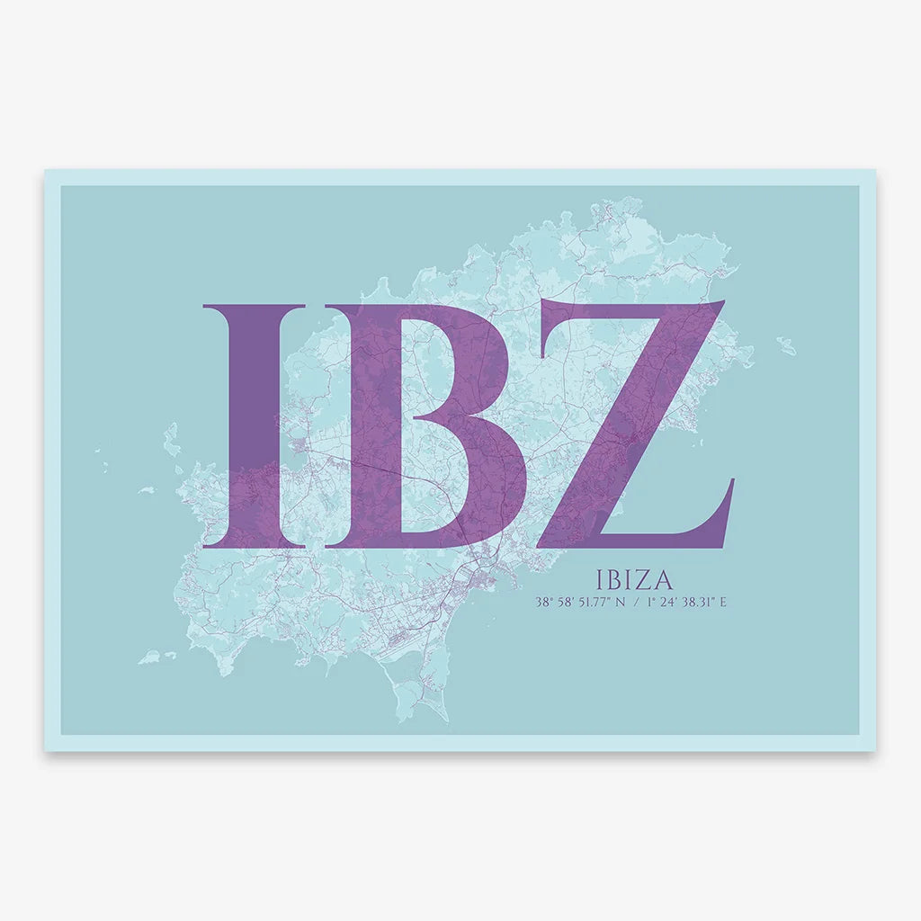 Decorative map of Ibiza composed with letters in serif font printed on purple and light blue