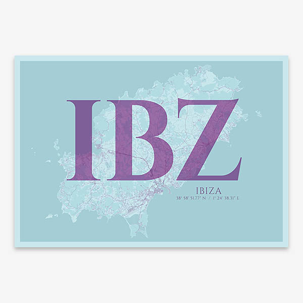 Decorative map of Ibiza composed with letters in serif font printed on purple and light blue