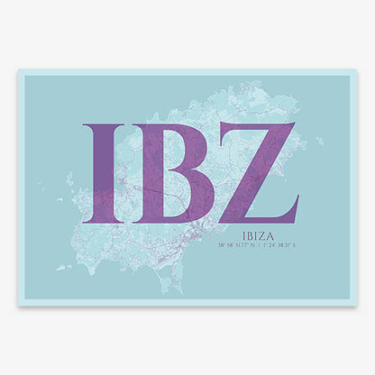 Decorative map of Ibiza composed with letters in serif font printed on purple and light blue