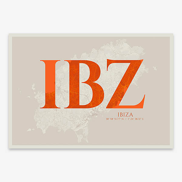 Decorative map of Ibiza composed with letters in serif font printed on orange and an off-white background