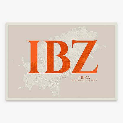 Decorative map of Ibiza composed with letters in serif font printed on orange and an off-white background