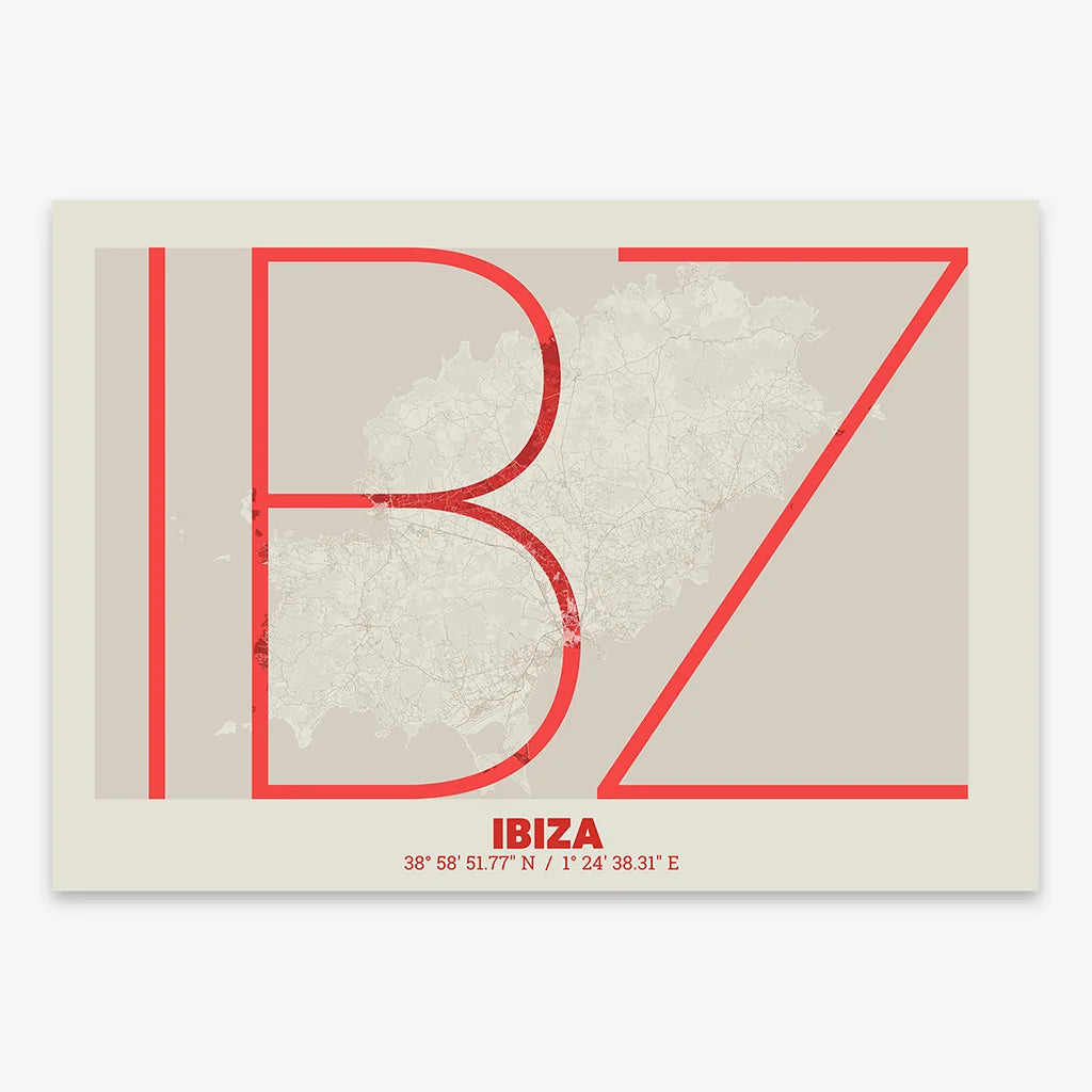Poster of Ibiza composed with letters in extra light font printed on red and an off-white background