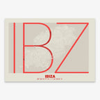 Poster of Ibiza composed with letters in extra light font printed on red and an off-white background