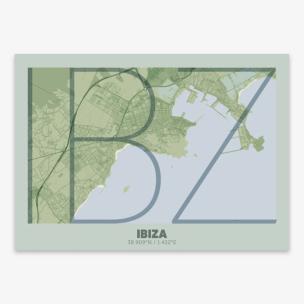 Poster of Ibiza composed with letters in extra light font printed on two green tones