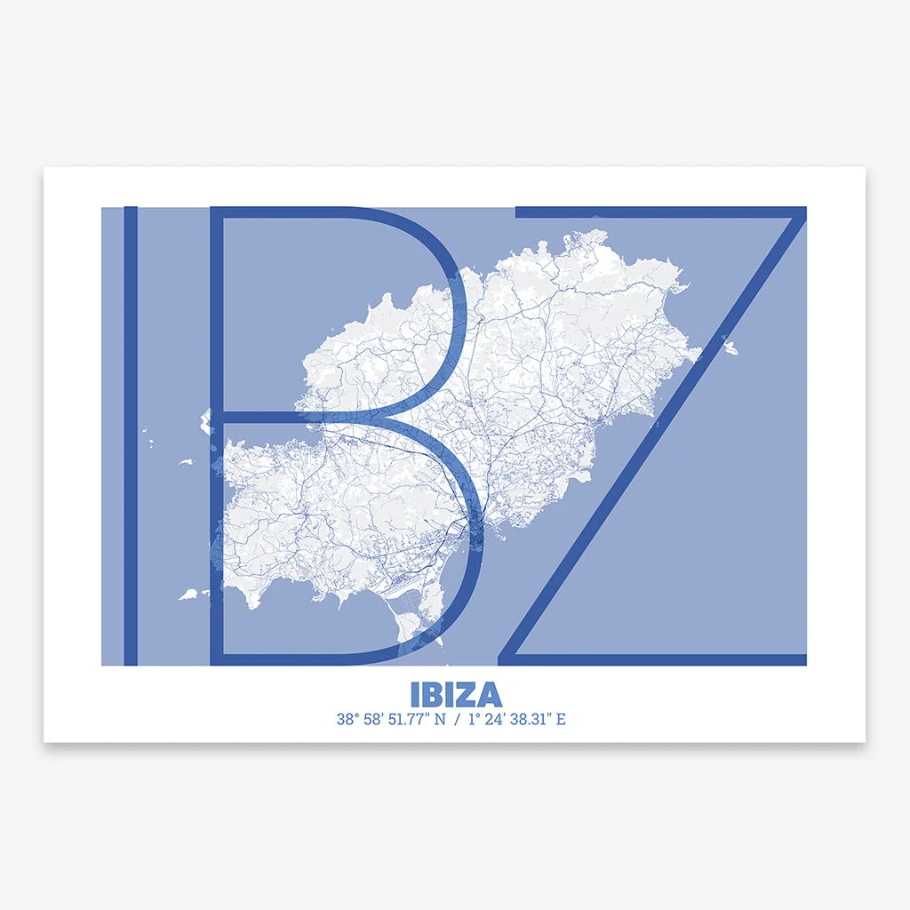 Poster of Ibiza composed with letters in extra light font printed on navy blue and white