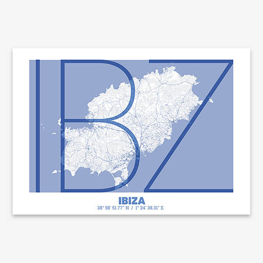 Poster of Ibiza composed with letters in extra light font printed on navy blue and white