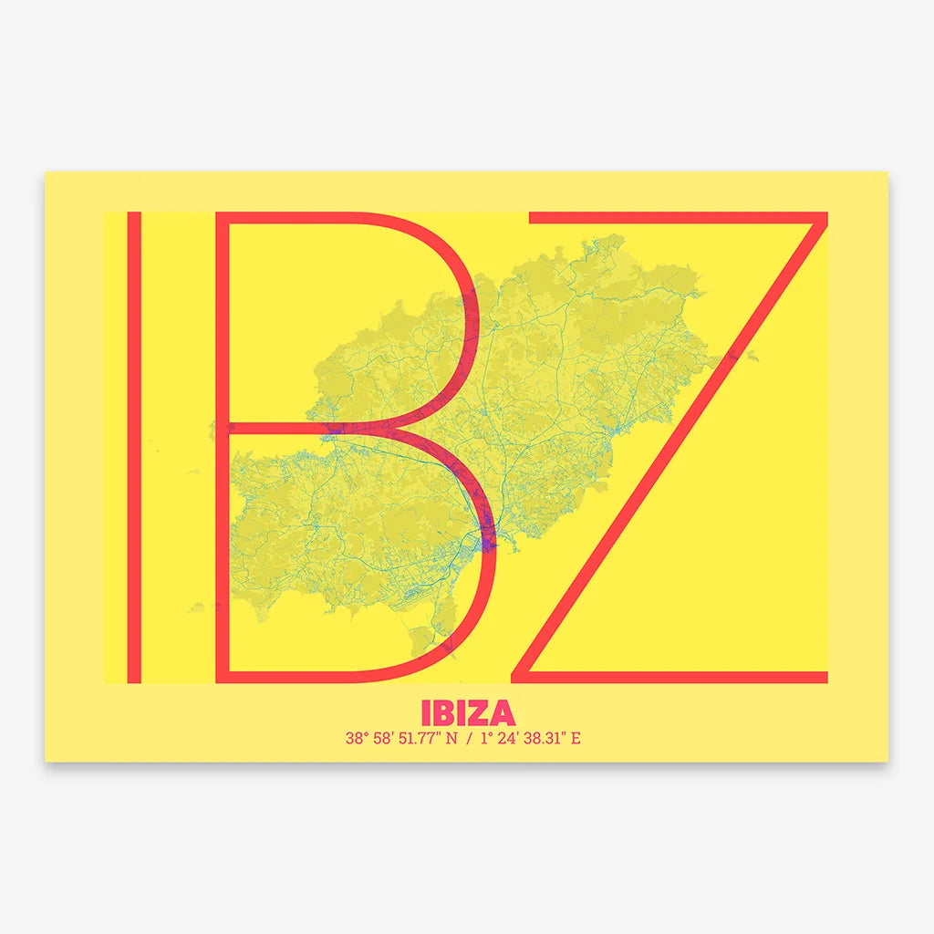 Poster of Ibiza composed with letters in extra light font printed on yellow and fuchsia