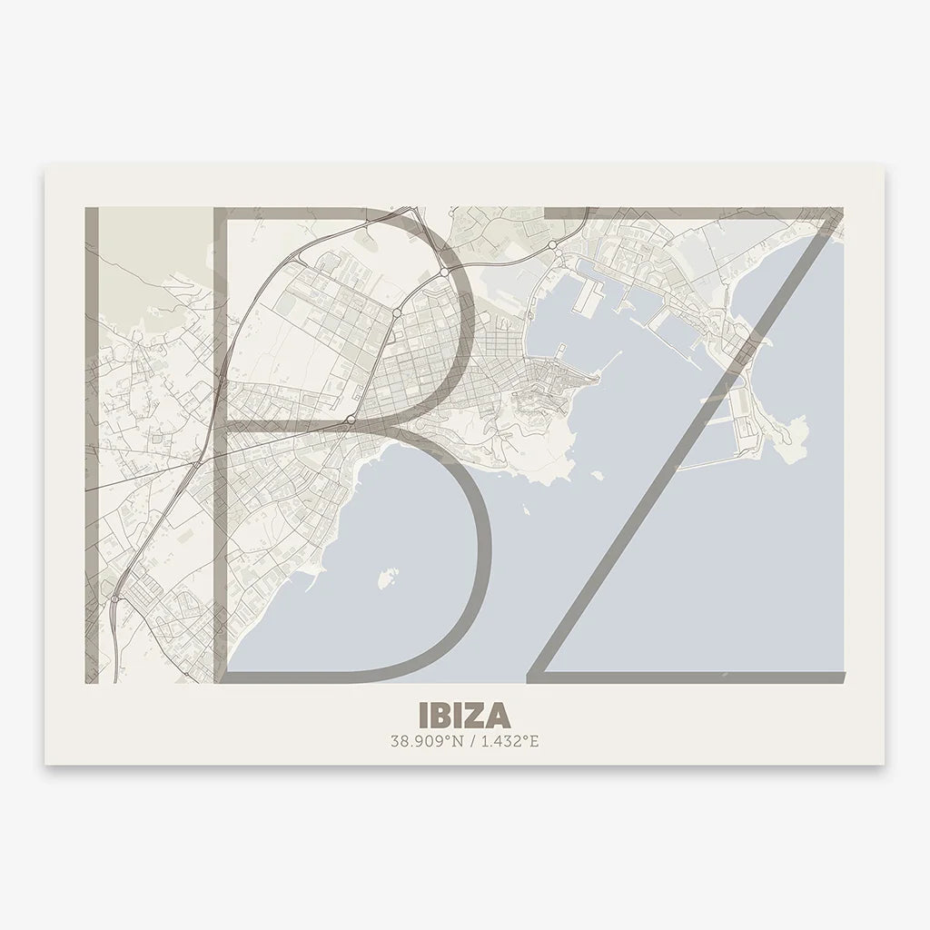 Poster of Ibiza composed with letters in extra light font printed on light brown and an off-white background