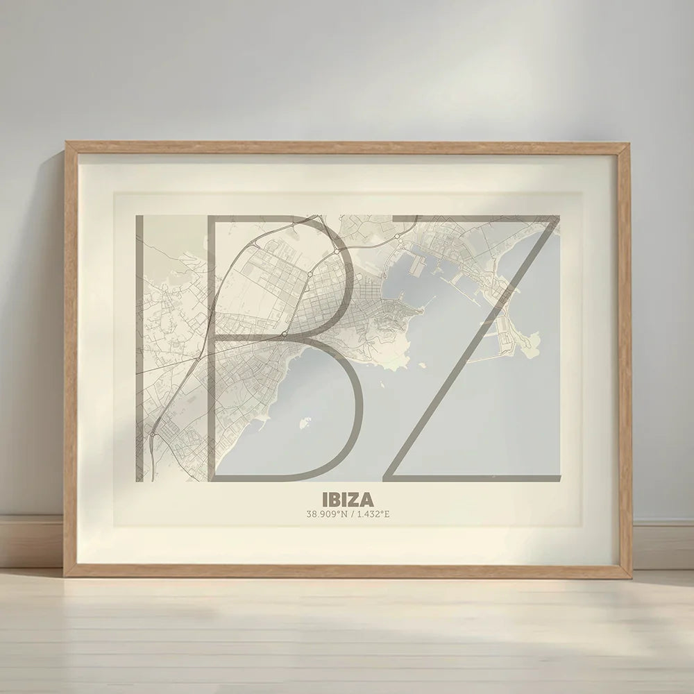 Framed Ibiza in Ultralight design, a minimalist aesthetic combining urban cartography with modern, extra-thin elegant lettering designed in light brown and an off-white background with a white margin border in a warm lit minimalist setting