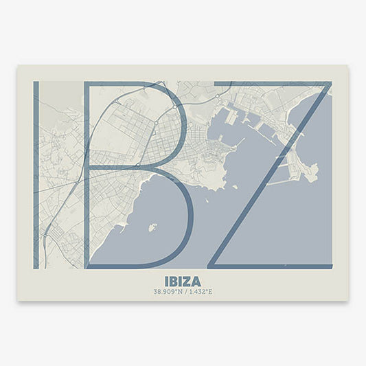 Poster of Ibiza composed with letters in extra light font printed on bluish gray and an off-white background