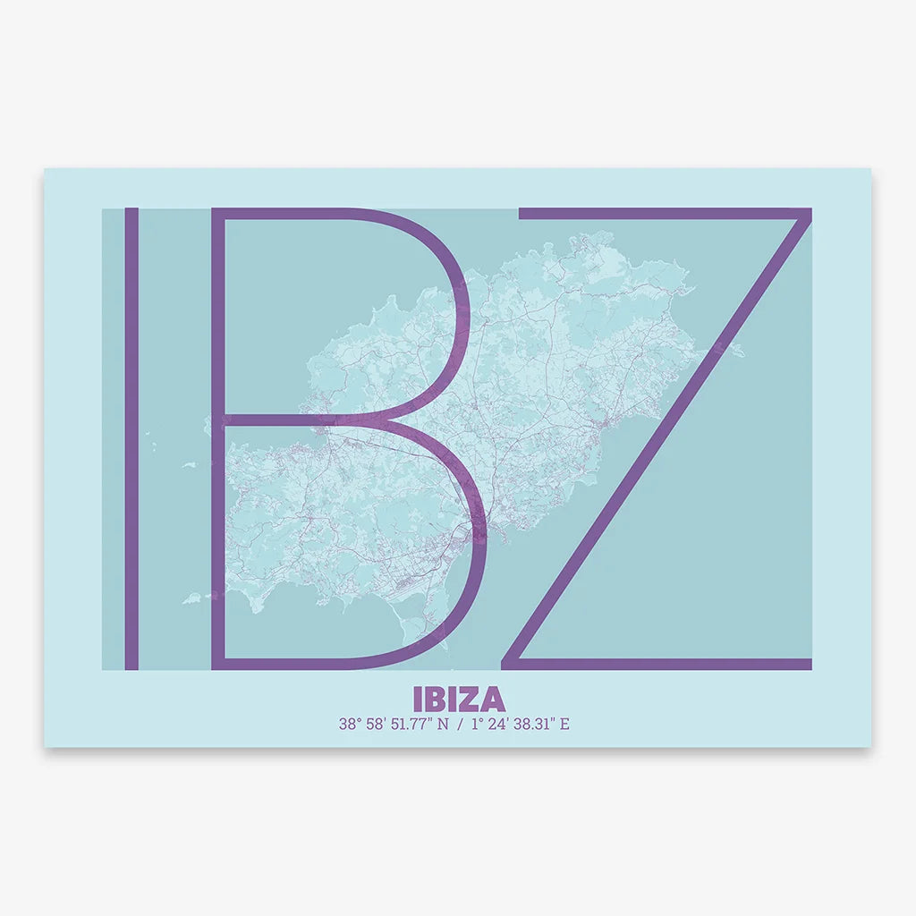 Poster of Ibiza composed with letters in extra light font printed on purple and light blue