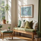 Modern interior design with a Ibiza in Ultralight design, a minimalist aesthetic combining urban cartography with modern, extra-thin elegant lettering designed in purple and light blue, displayed on a living room wall