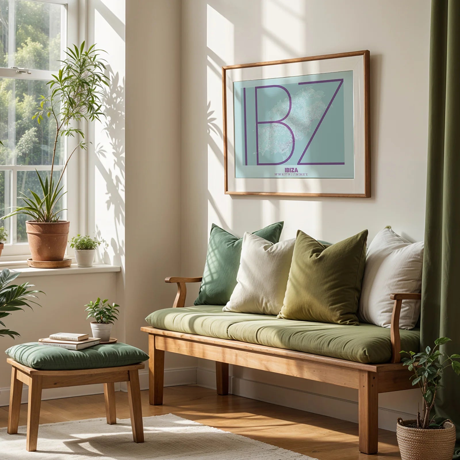 Modern interior design with a Ibiza in Ultralight design, a minimalist aesthetic combining urban cartography with modern, extra-thin elegant lettering designed in purple and light blue, displayed on a living room wall