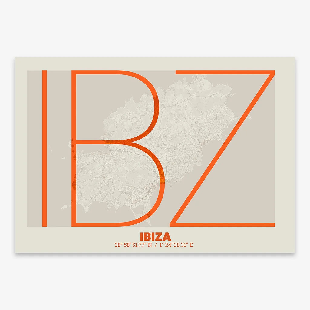 Poster of Ibiza composed with letters in extra light font printed on orange and an off-white background