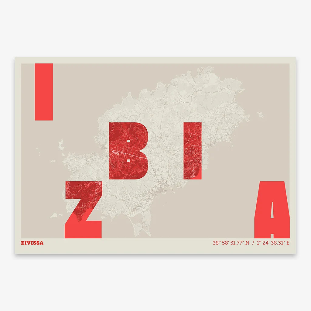Decorative print of Ibiza with letters of its name placed randomly, designed in red and an off-white background