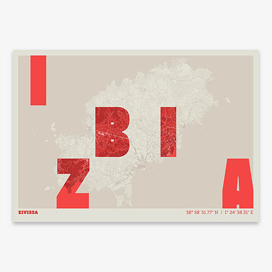 Decorative print of Ibiza with letters of its name placed randomly, designed in red and an off-white background