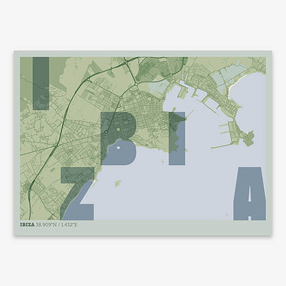 Decorative print of Ibiza with letters of its name placed randomly, designed in two green tones
