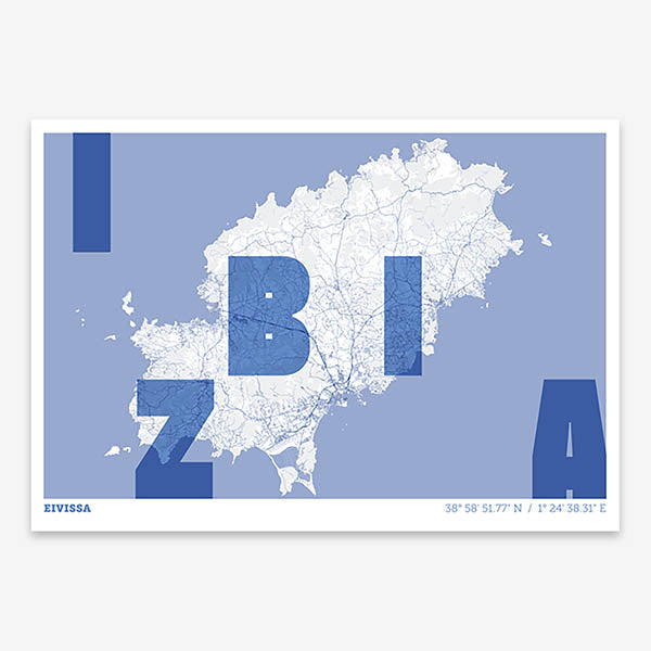 Decorative print of Ibiza with letters of its name placed randomly, designed in navy blue and white