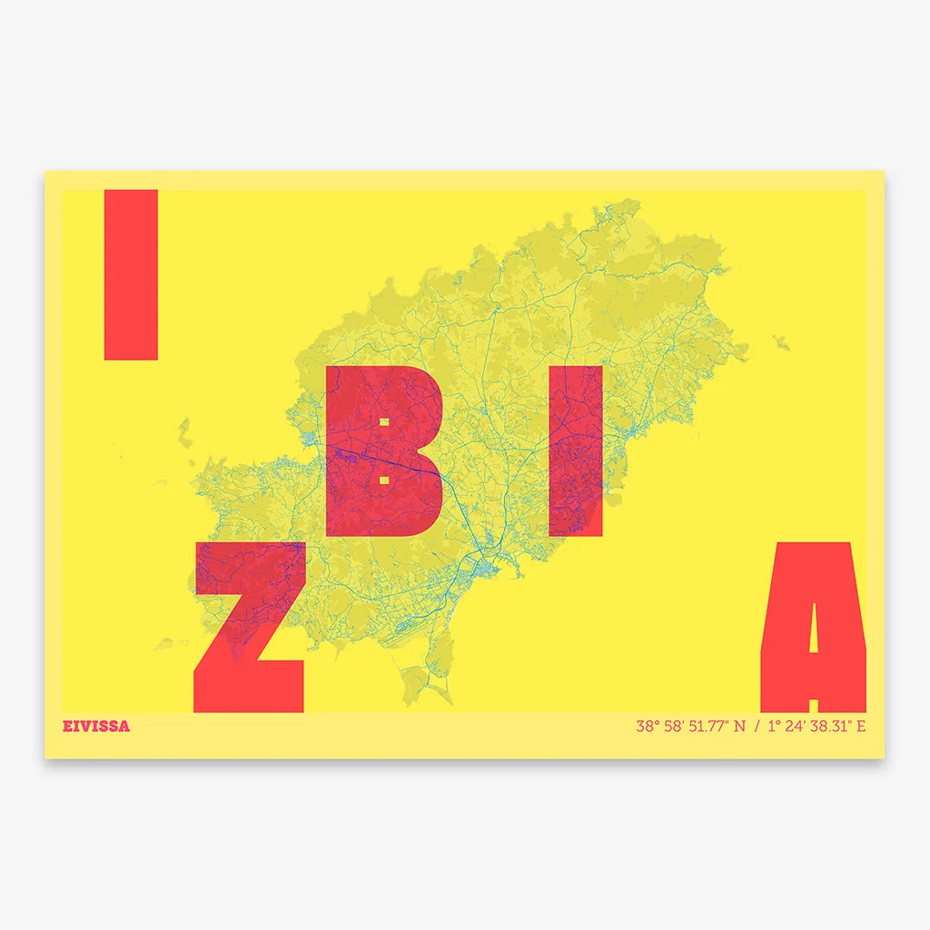 Decorative print of Ibiza with letters of its name placed randomly, designed in yellow and fuchsia