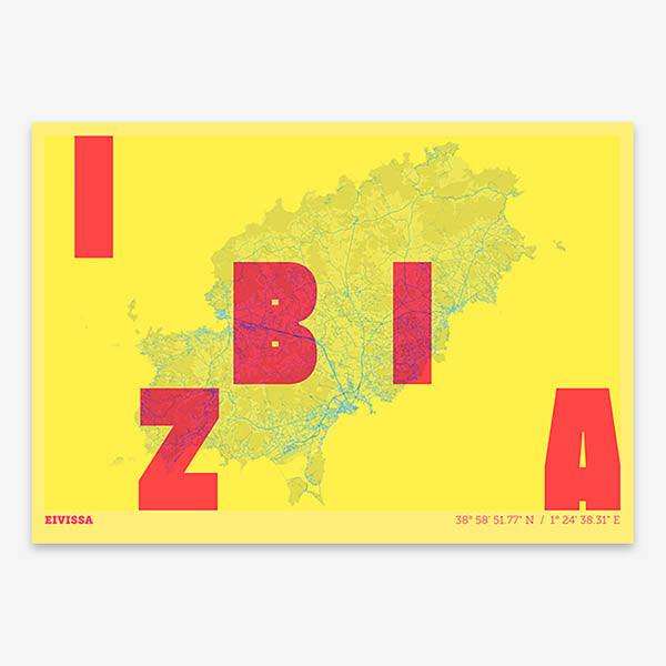 Decorative print of Ibiza with letters of its name placed randomly, designed in yellow and fuchsia