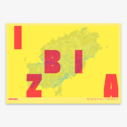 Decorative print of Ibiza with letters of its name placed randomly, designed in yellow and fuchsia