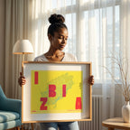 Modern interior design with a Ibiza in Unruled design, where the city name letters appear randomly across different lines for a truly original urban layout designed in yellow and fuchsia, displayed on a living room wall