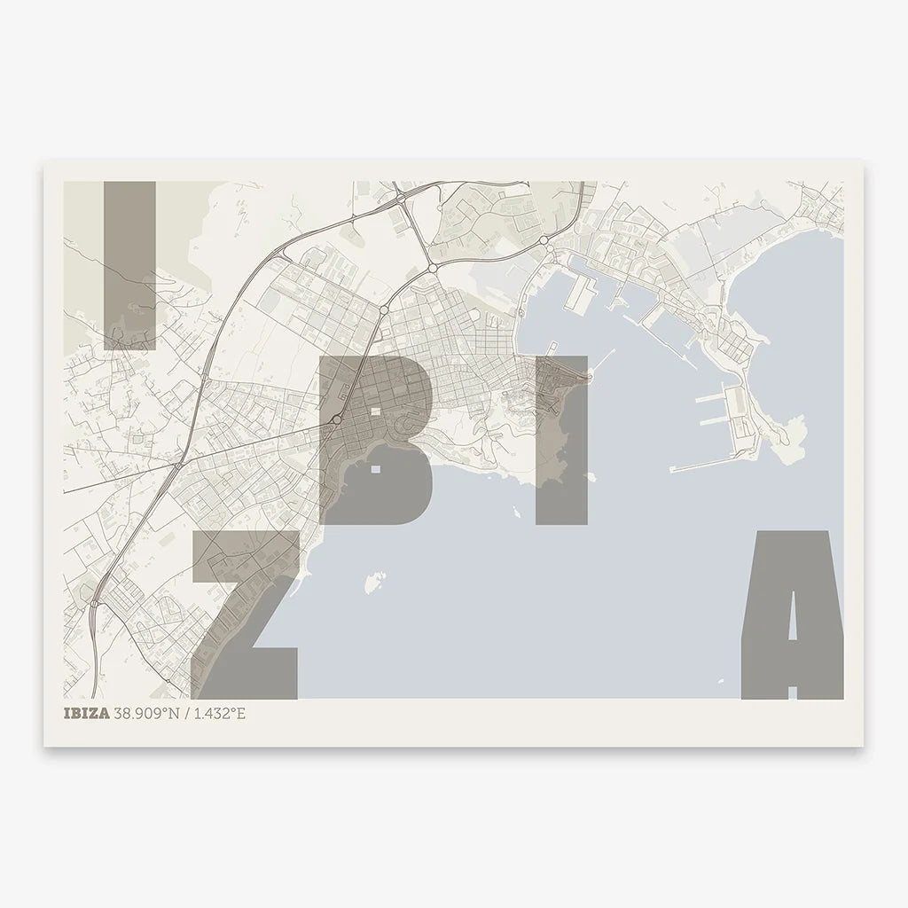 Decorative print of Ibiza with letters of its name placed randomly, designed in light brown and an off-white background
