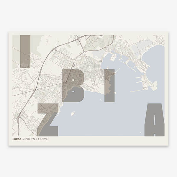 Decorative print of Ibiza with letters of its name placed randomly, designed in light brown and an off-white background