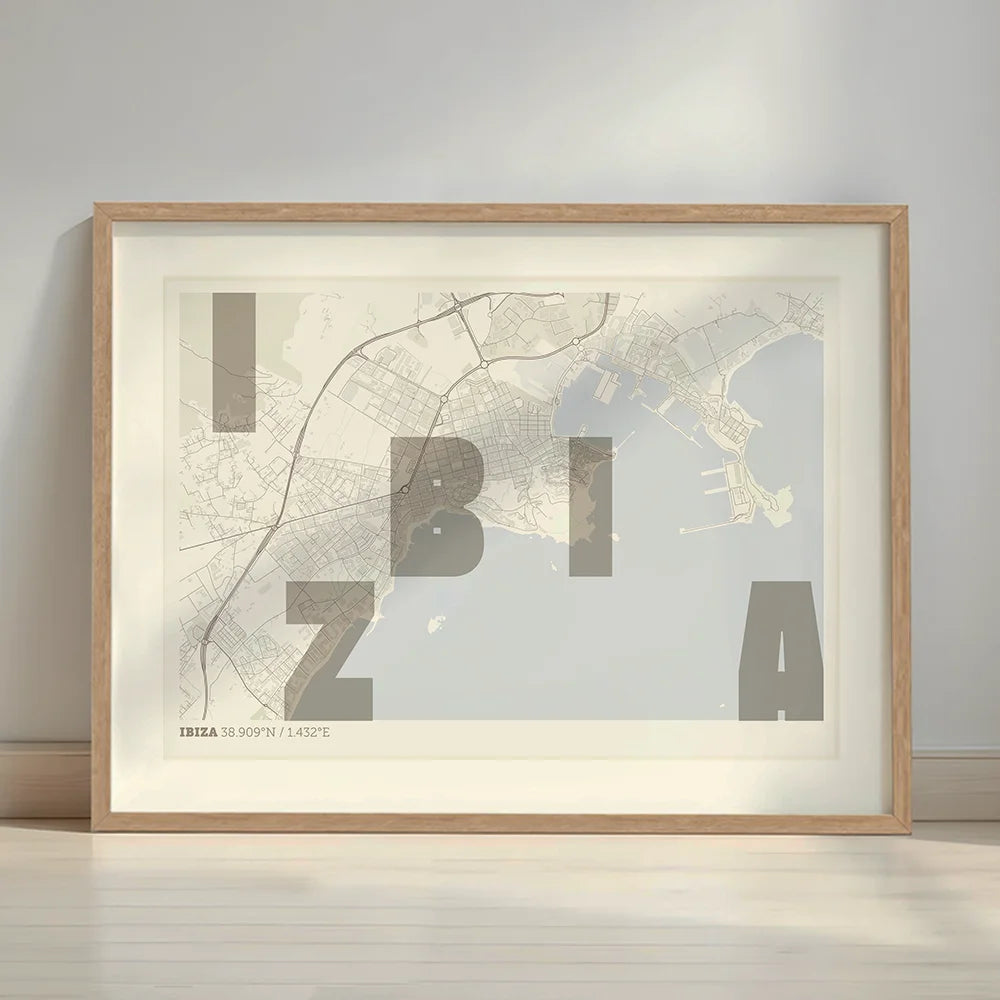 Framed Ibiza in Unruled design, where the city name letters appear randomly across different lines for a truly original urban layout designed in light brown and an off-white background with a white margin border in a warm lit minimalist setting