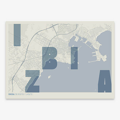 Decorative print of Ibiza with letters of its name placed randomly, designed in bluish gray and an off-white background